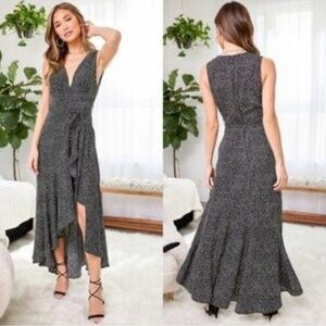 Lulus Black Ditsy Floral Print Faux Wrap Maxi Dress S Midi Ruffled High Low Hem